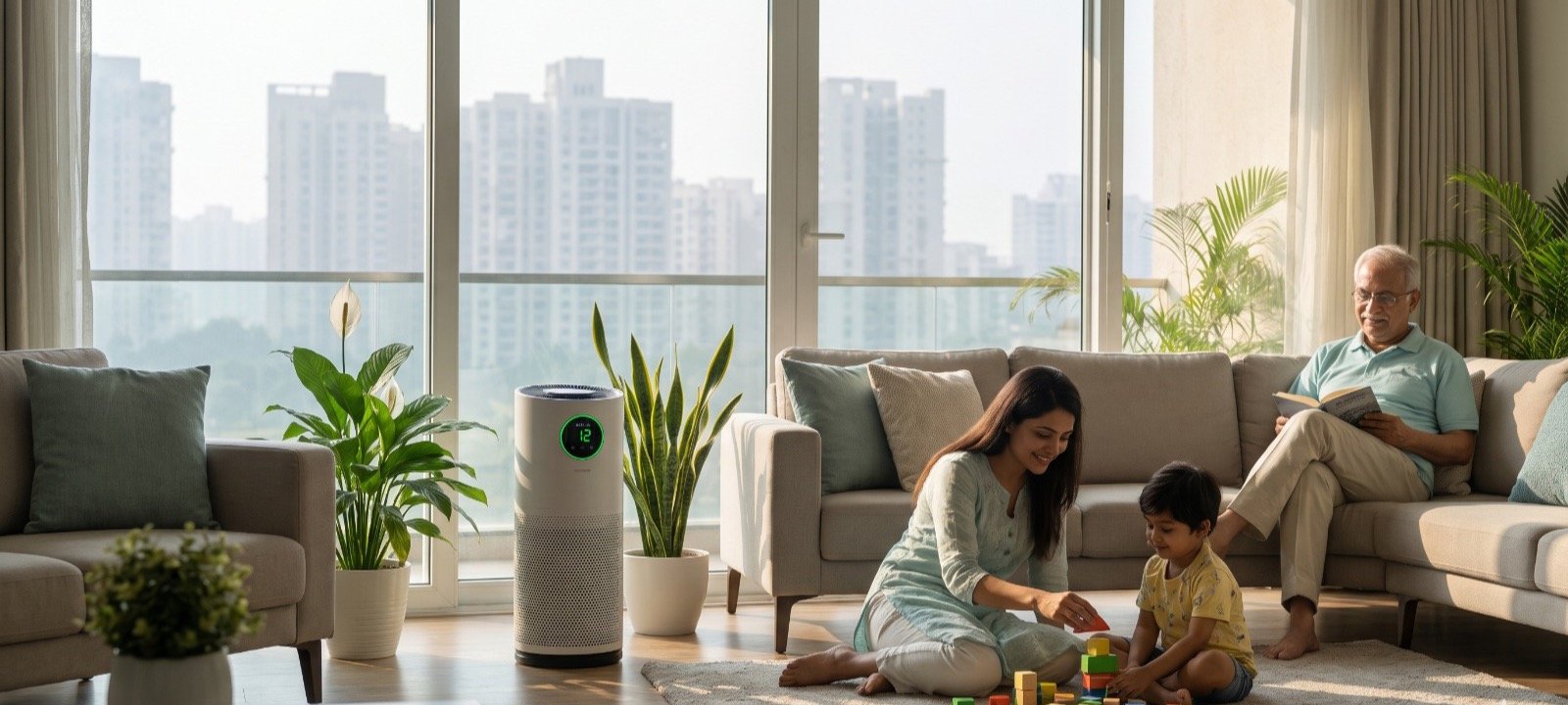 Bright Gurgaon living room with an air purifier showing clean indoor air